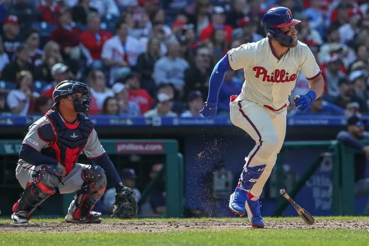 Phillies outfielder Bryce Harper (3) runs towards first base in the sixth inning of a game against the Minnesota Twins at Citizens Bank Park in Philadelphia on Saturday, April 06, 2019. The Twins won the game, 6-2.