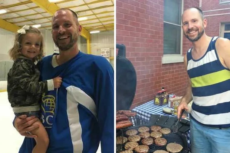 Gerard Grandzol seen in August 2017, with his daughter Violet, then 2, at an ice hockey tournament in Voorhees, and barbecuing on his Spring Garden block.