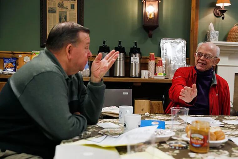 Caregivers share stories and techniques of dealing with the stresses associated with caring for others. Ray Miller of Columbia MD (left) and David Hale of Philadelphia talk during the meeting at the Barn, Colonial Inn in Galloway Township, NJ on Monday, November 4, 2013 (Tom Briglia/For the Inquirer)