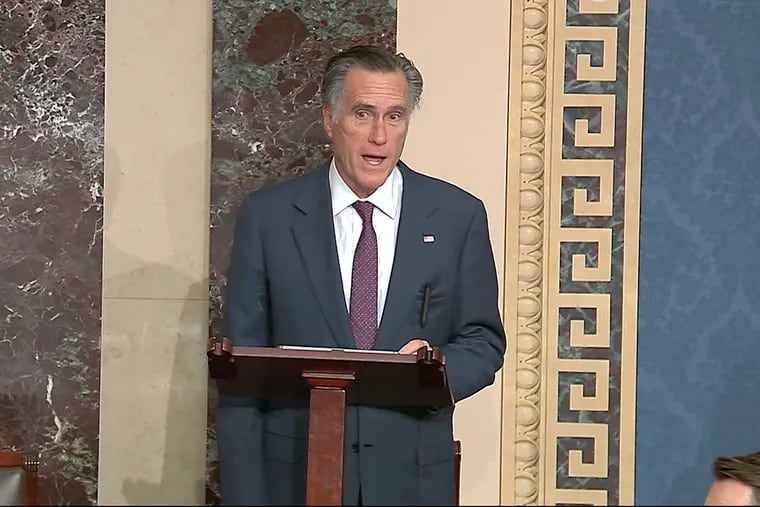 In this image from video, Sen. Mitt Romney (R., Utah) speaks as the Senate reconvenes to debate the objection to confirm the Electoral College vote from Arizona, after protesters stormed into the U.S. Capitol on Wednesday, Jan. 6, 2021.