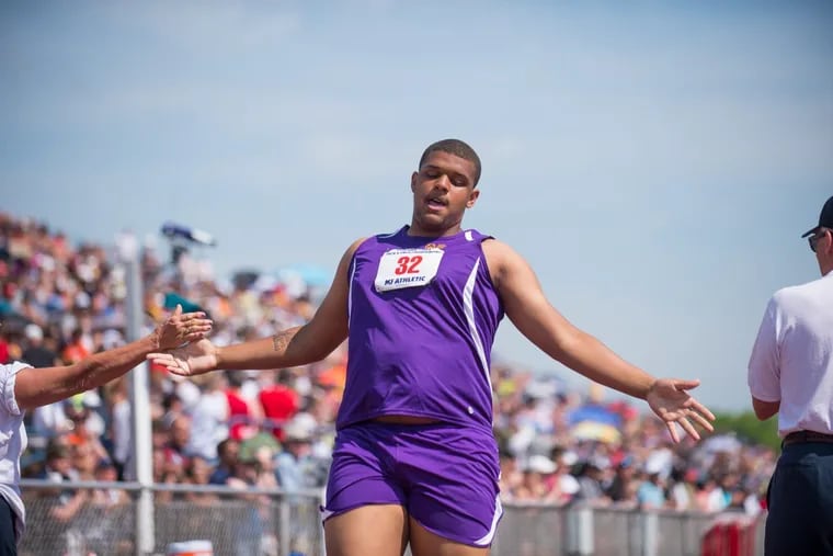 Ojay Harris of Martin Luther King High School finishes first in his heat of the unified division 100-meter dash at the PIAA state track and field championships.