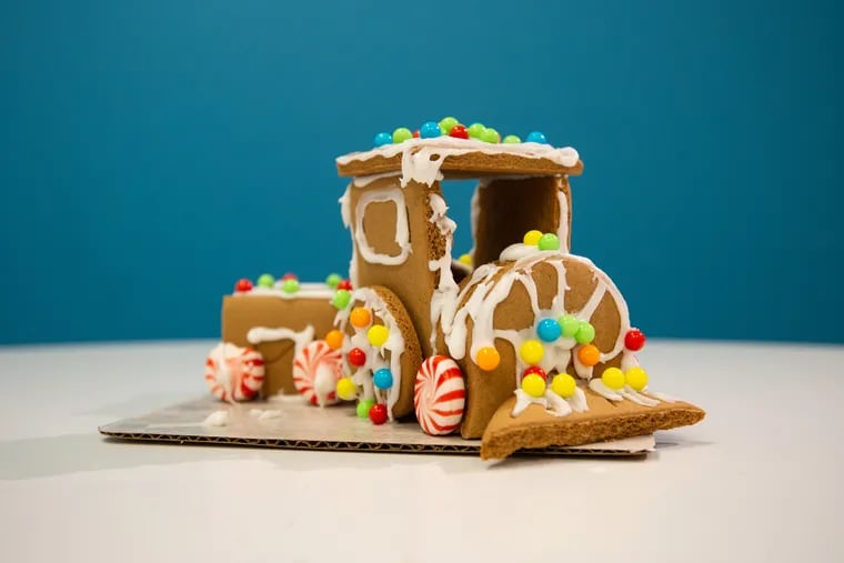 A gingerbread train made with a kit from Five Below.