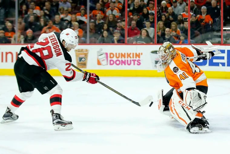 Flyers goalie Anthony Stolarz, shown stopping the Devils' Damon Severson, is trying to build off a 4-2 win in Pittsburgh.