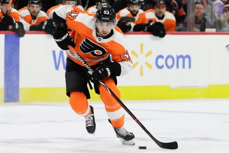 Flyers defenseman Shayne Gostisbehere, skating with the puck Saturday in the season finale against Carolina, had a disappointing year.