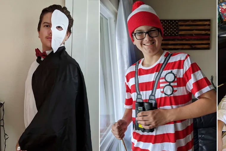 In this combination of photos provided by Meredith Christensen-Houghtelling, her son, Logan Houghtelling, dresses in a variety of costumes, from The Phantom of the Opera on Sept. 29, 2020, to Where's Waldo on Sept. 17 and a pirate on Oct. 13 in San Lorenzo, Calif. Houghtelling began dressing up to make his fellow classmates and teachers smile as they all started virtual learning. (Meredith Christensen-Houghtelling via AP)