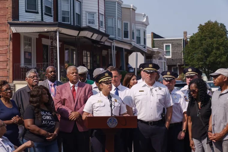 Police Commissioner Danielle Outlaw, shown here at a Sept. 13 news conference on Addison St., this week touted improvements in rates of gun violence in some police districts.