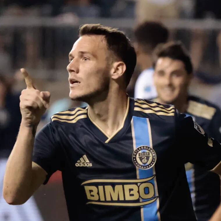 Union’s Dániel Gazdag after scoring the winning goal during the Charlotte FC at Phila. Union MLS match at Subaru Park in Chester., Pa. on Wed., May 31, 2023.