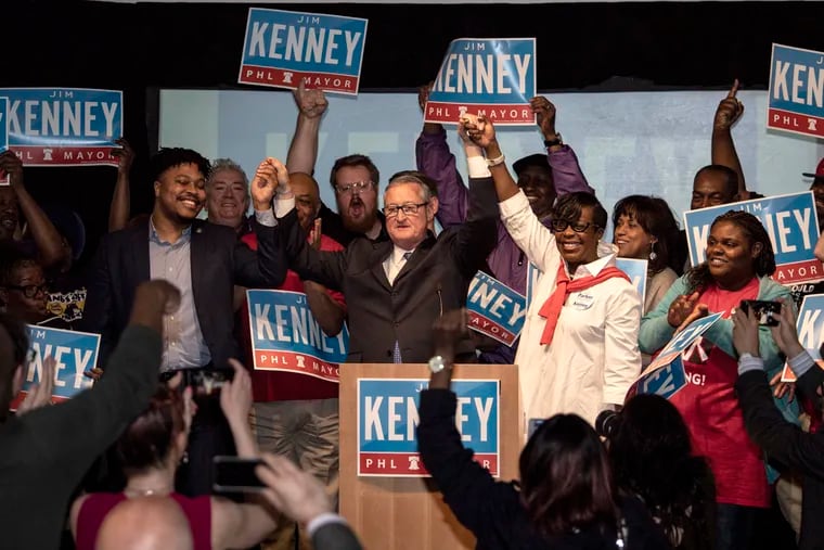 Mayor Jim Kenney celebrates at the podium with supporters after announcing victory in the primary election results, during a party at the National Museum of American Jewish History in Philadelphia, Pa. Tuesday, May 21, 2019,