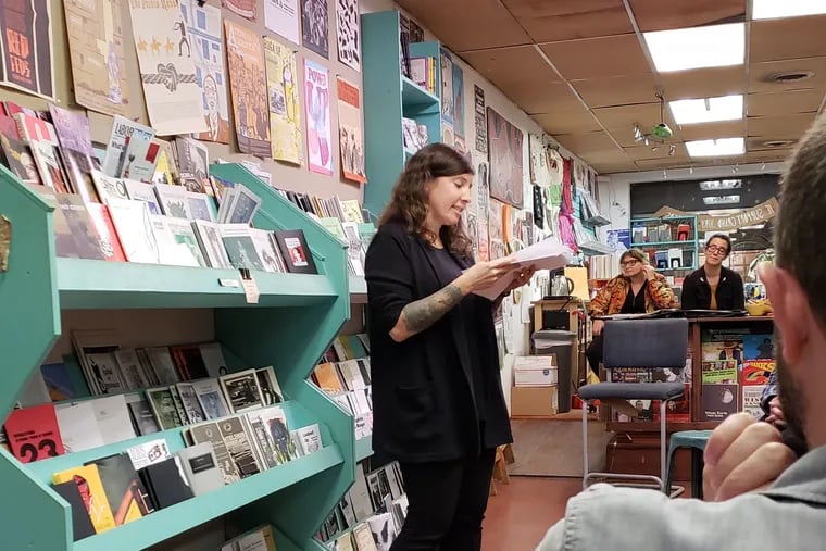 Gina Myers reads at a Prolit event in the fall of 2019 at Wooden Shoe Books.