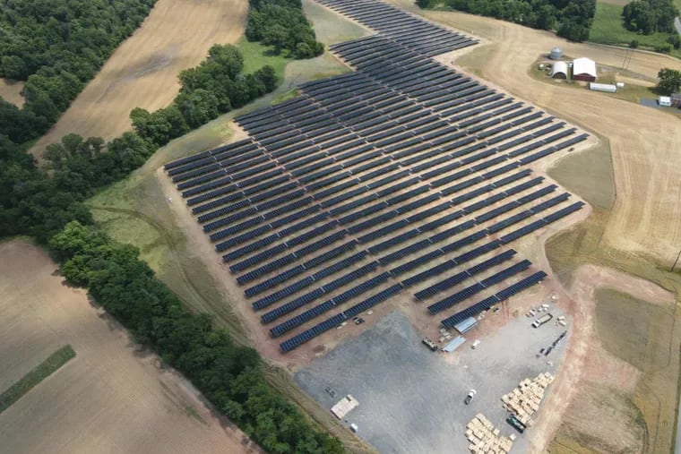 Portion of a solar array still under construction by Arlington, Va.-based Energix Renewables on farmland in Straban Township, Adams County, not far from Gettysburg. The project is pegged to produce power by the end of 2023 for Philadelphia-owned buildings, including City Hall, Philadelphia International Airport, and the water department.