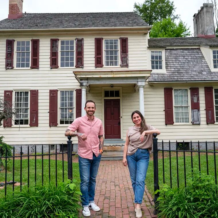 New owners Jeniphur and Michael Pasquarello outside Boxwood Hall on Haddon Avenue in Haddonfield. They plan to renovate the home built in 1799 by John Estaugh Hopkins into a small inn and restaurant with landscaped grounds.