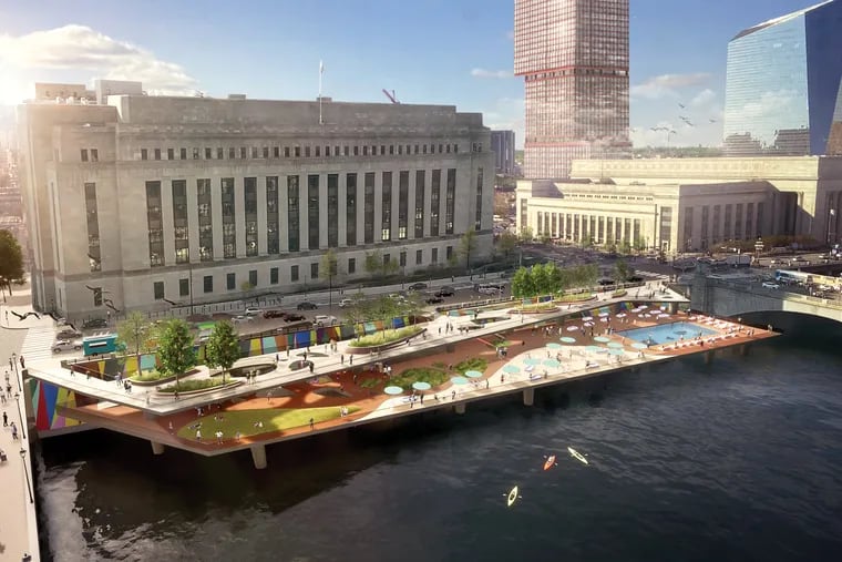 A rendering of the bi-level waterfront park imagined by the University City District.