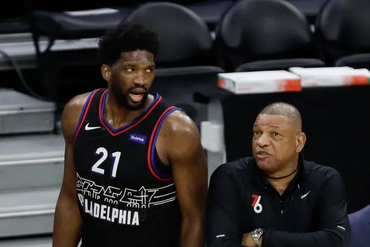 Sixers coach Doc Rivers (right), with Joel Embiid, has an NBA title on his coaching resume. But he also has a couple of unwanted blemishes.