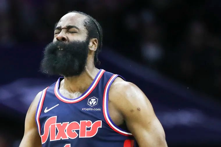 Philadelphia 76ers guard James Harden (1) reacts after drawing a foul on Milwaukee Bucks forward Giannis Antetokounmpo (34) in the first half of a game at the Wells Fargo Center in Philadelphia on Tuesday, March 29, 2022.