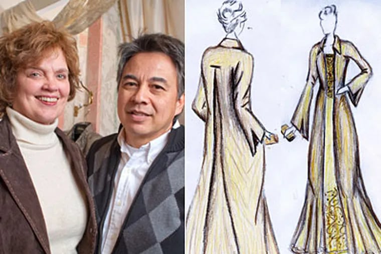 Susan Corbett and designer Richard Andries. Sketches by Nora Noone of Corbett's inaugural gown. (Ed Hille / Staff Photographer)