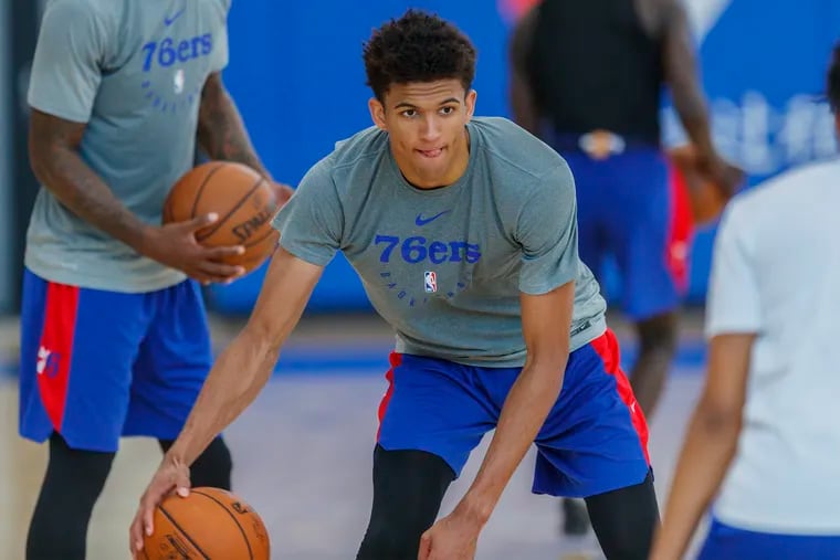 Sixers top draft pick Matisse Thybulle runs through an offensive drill at summer league practice at the 76ers practice facility in Camden, NJ on July 3, 2019. .