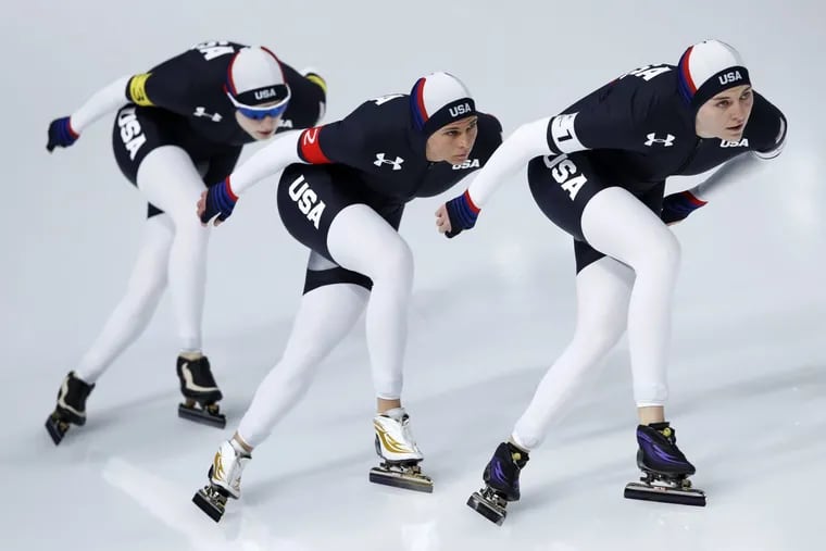 Bronze medalist Team U.S.A. with Heather Bergsma, right, Brittany Bowe, center, and Mia Manganello competes during the women's team pursuit final speedskating race at the 2018 Winter Olympics in South Korea, Wednesday, Feb. 21, 2018.