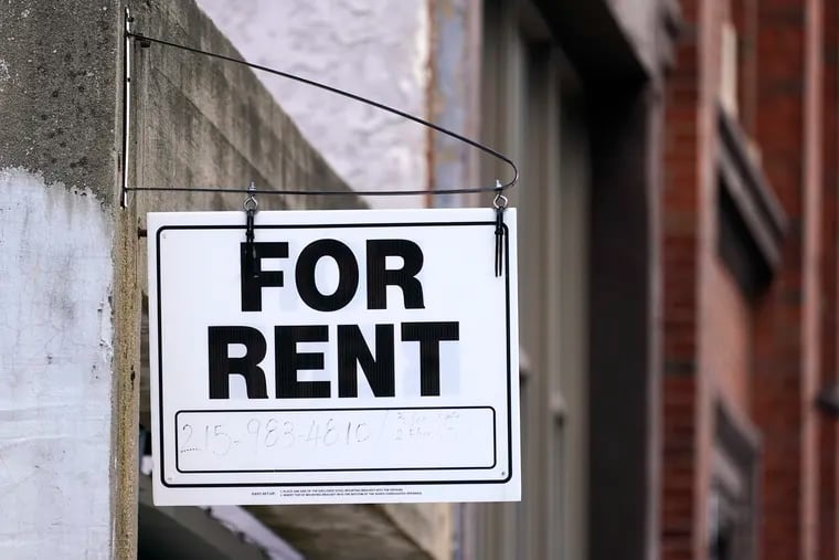 A "For Rent" sign is posted on a building, Jan. 18, 2022, in Philadelphia.