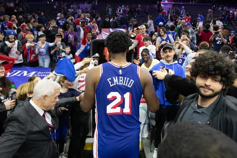 Joel Embiid makes his way off the court after the Sixers' victory over the Bulls at the Wells Fargo Center on Jan. 2, 2024.