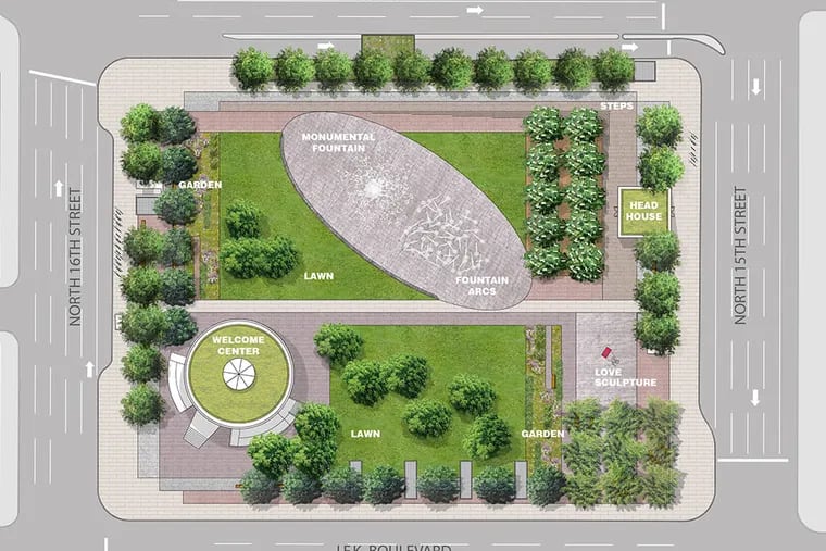 The plan for the final design for the renovated LOVE Park. Preserved are the “spaceship” building, and the jet of water that forms the LOVE statue backdrop. (Credit: Hargreaves Associates)