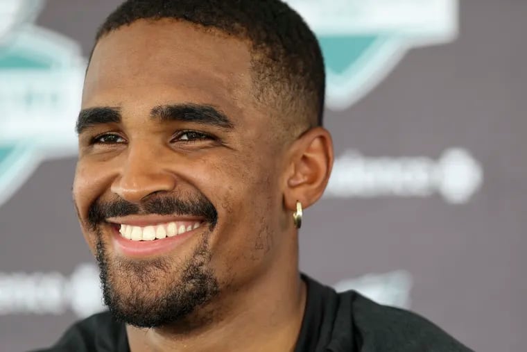 Philadelphia Eagles quarterback Jalen Hurts (1) talks with reporters after Philadelphia Eagles training camp at the NovaCare Complex in Philadelphia, Pa. on Tuesday, August 10, 2021.
