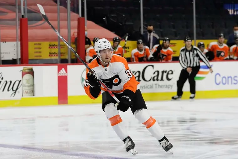 Flyers right winger Linus Sandin skates during an intrasquad game on in 2021.