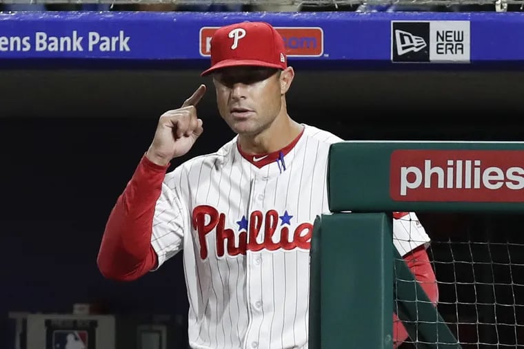 Phillies manager Gabe Kapler points against the Miami Marlins on September 14, 2018.