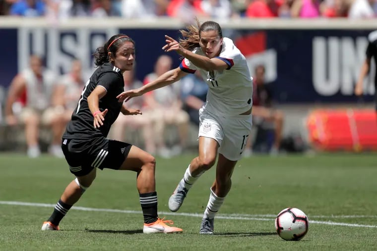 New Jersey native Tobin Heath scored the U.S. women's soccer team's opening goal in their 3-0 win over Mexico at Red Bull Arena.
