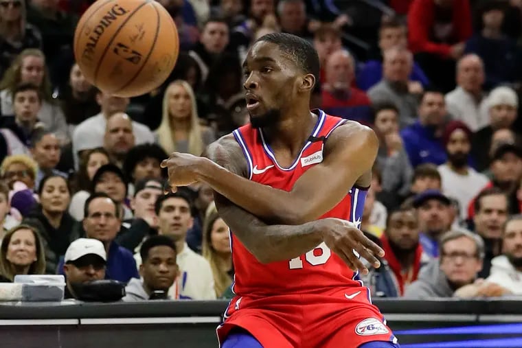 Sixers guard Shake Milton passes the basketball against the Los Angeles Lakers on Saturday, January 25, 2020 in Philadelphia.