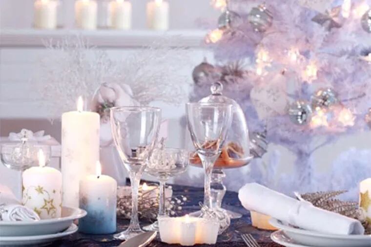 For a fresh and modern holiday look, start with a simple, white scheme and accent with just one color. White and blue, white and pink, white and gold or silver, or even rose gold, work well.