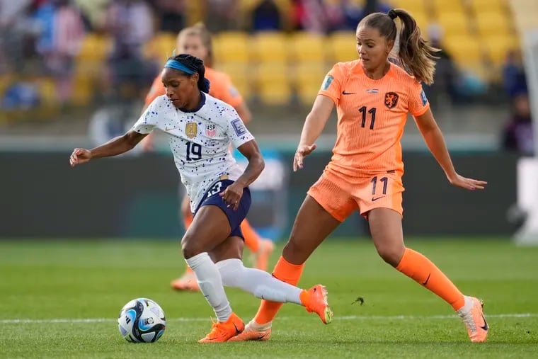 Crystal Dunn (left) playing for the U.S. against the Netherlands in the World Cup.
