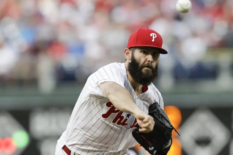 Phillies pitcher Jake Arrieta throws the baseball during the second-inning against the Atlanta Braves on Wednesday, May 23, 2018 in Philadelphia.