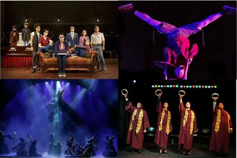 (Clockwise from upper left:) “Fun Home” at the Forrest Theater; “School Play” at St. Peter’s School; “Mother Emanuel” at New Freedom Theatre; and “Wicked” at the Forrest Theater.