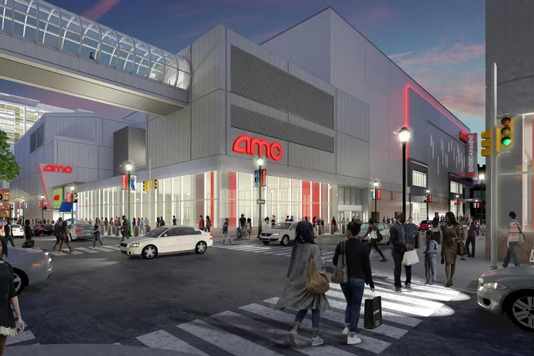 Artist's rendering of exterior of AMC Theater cinema planned at a section of the former Gallery at Market East shopping mall at 11th and Filbert Streets.