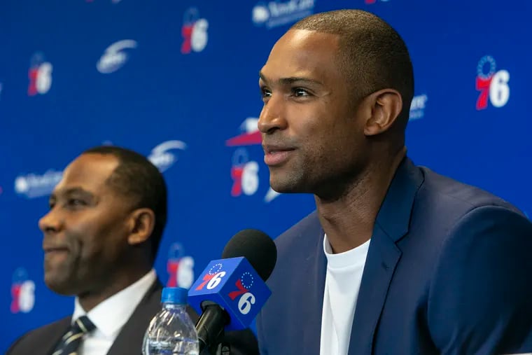 Al Horford speaks during an introductory press conference for both new and resigned players at the Philadelphia 76ers Training Complex in Camden, NJ on Friday, July 12, 2019.