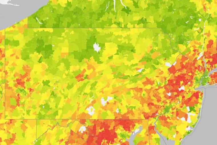 This UC Berkeley CoolClimate Network map shows the average carbon footprint for zip codes in Pennsylvania, New Jersey and bordering states. Green areas have the smallest carbon footprints, while red areas have the greatest emissions.
