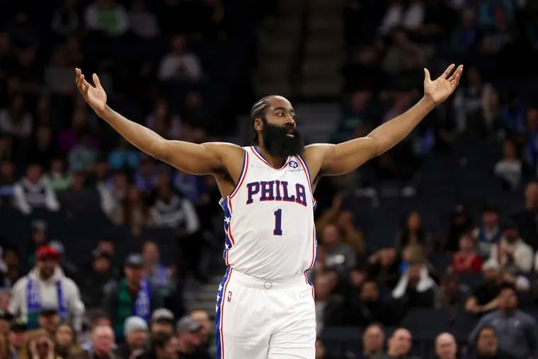 James Harden celebrates after scoring a basket in his Sixers debut Friday night against Minnesota.