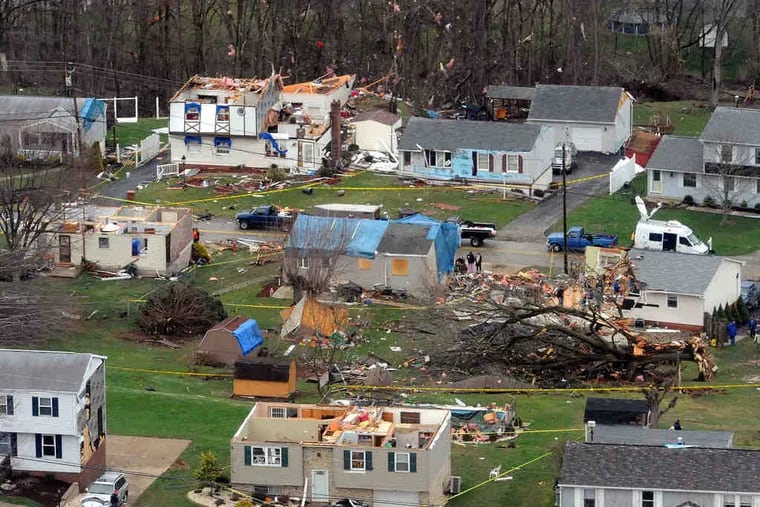 Aerial view of damaged homes in Sewickley Township, Pa. A tornado ripped through Westmoreland County eastof Pittsburgh. "We have no fatalities," said a county emergency official. "This is absolutely a March miracle."