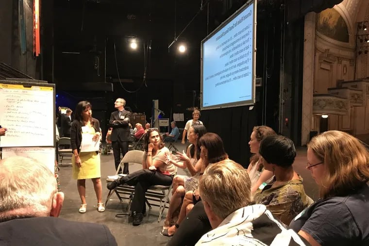 Facilitators for the Kimmel Center Sunday led conversations at the Merriam Theater on how the Merriam might look different after renovations and what kinds of new programs might draw untapped audiences.