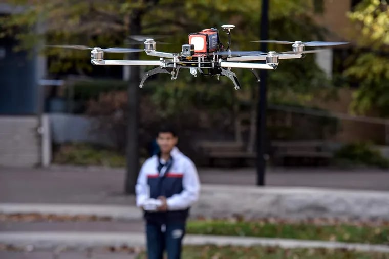 Youssef Galal from DroneCast flies a drone during the Health Hack event at Jefferson University on Nov. 14, 2015.