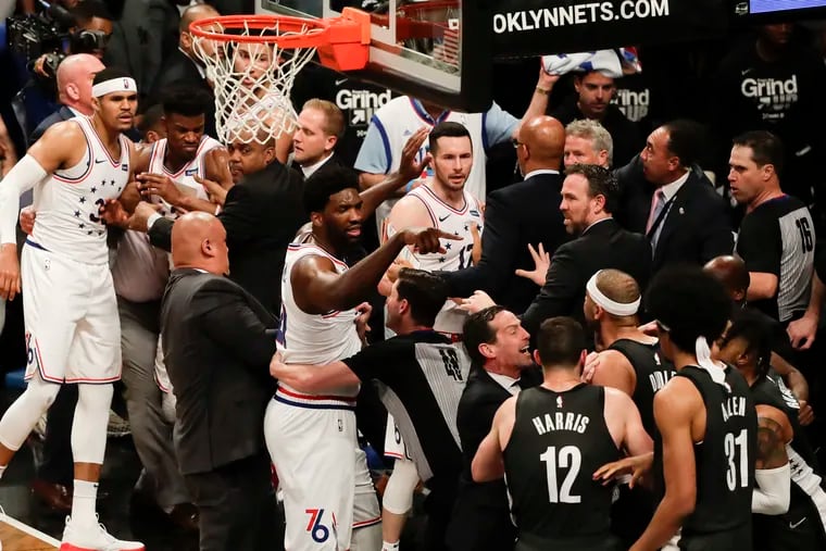 Sixers and the Brooklyn Nets players engage in shoving match during he third-quarter in game four of the Eastern Conference playoffs on Saturday, April 20, 2019 in Brooklyn.