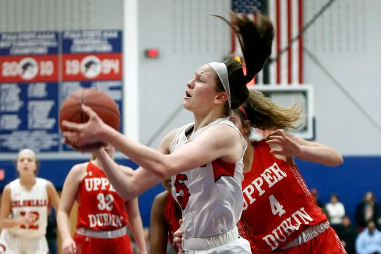 Plymouth Whitemarsh guard Kaitlyn Flanagan gets fouled in third quarter. She scored 13 points.
