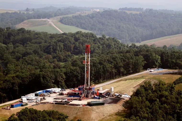 Aerial view of a Marcellus Shale drilling operation near Waynesburg, PA.
