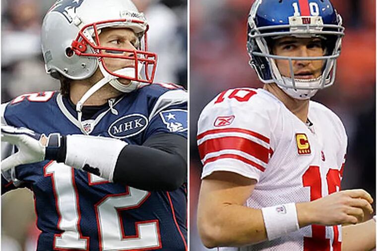 New England's Tom Brady and New York's Eli Manning will face off again in the Super Bowl. (Stephan Savoia and Julie Jacobson/AP)