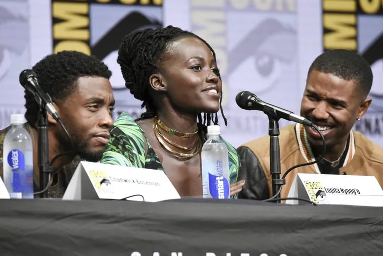 Chadwick Boseman, from left, Lupita Nyong and Michael B. Jordan and attend the Marvel panel on day 3 of Comic-Con International on Saturday, July 22, 2017, in San Diego.