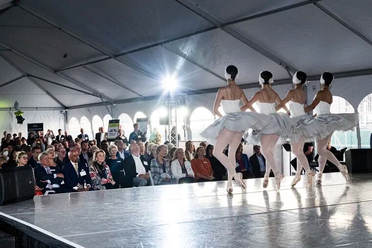 Ballet dancers perform during a groundbreaking ceremony on Thursday, September 29, 2022., in celebrations to the new expansion that will complete the Philadelphia ballet’s home in Philadelphia, Pa