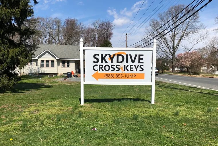 A sign for Skydive Cross Keys in Gloucester County, New Jersey.