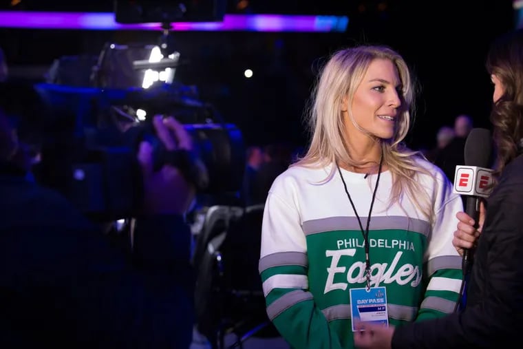 Julie Ertz speaks with a reporter at Super Bowl Media Day, at the Xcel Energy Center, in St. Paul, Minnesota, Monday, Jan. 29, 2018.