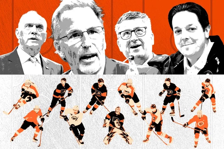 The Flyers, led by (from left) Comcast Spectacor CEO Dan Hilferty, coach John Tortorella, president of hockey operations Keith Jones, and general manager Daniel Brière, are in charge of the "new era of orange."
