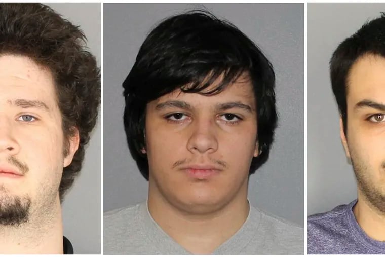 This combination of three Jan. 22, 2019, photographs released by the Greece Police Department in Greece, N.Y., shows (from left) Brian Colaneri, Andrew Crysel, and Vincent Vetromile. Authorities said that the three men were charged with plotting to attack a rural upstate New York Muslim community with explosives. The three Rochester, N.Y.-area men are accused of plotting to attack Islamberg, a 60-acre Muslim enclave west of the Catskills, according to court papers.